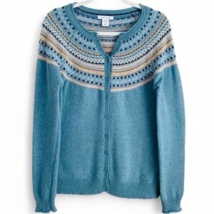 Tabitha Webb Lambswool Blue & Cream Fairisle Button Down Cardigan Sweater Medium